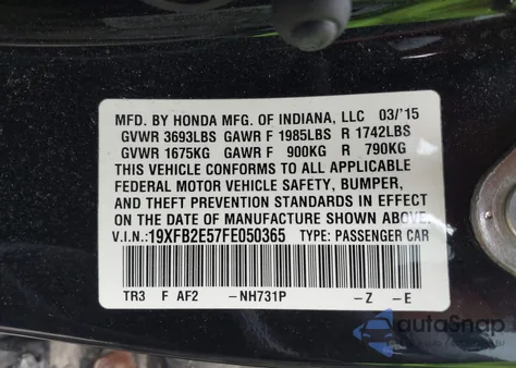 2015 Honda Civic Lx из США, поврежденный, VIN 19XFB2E57FE050365